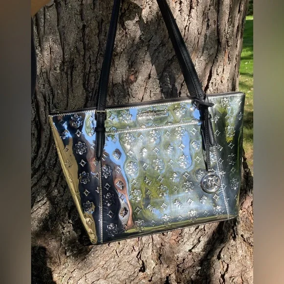 Michael Kors Metallic Silver Monogram Mirror Zipper Top Ciara Tote Bag Purse - Picture 6 of 17